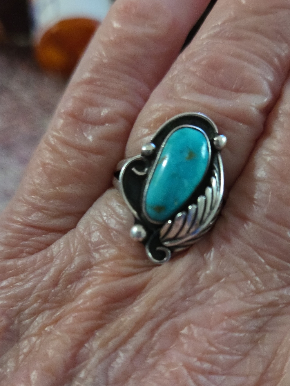 Vintage Navajo Natural Turquoise Sterling Silver Leaf Ring - Blue Turquoise